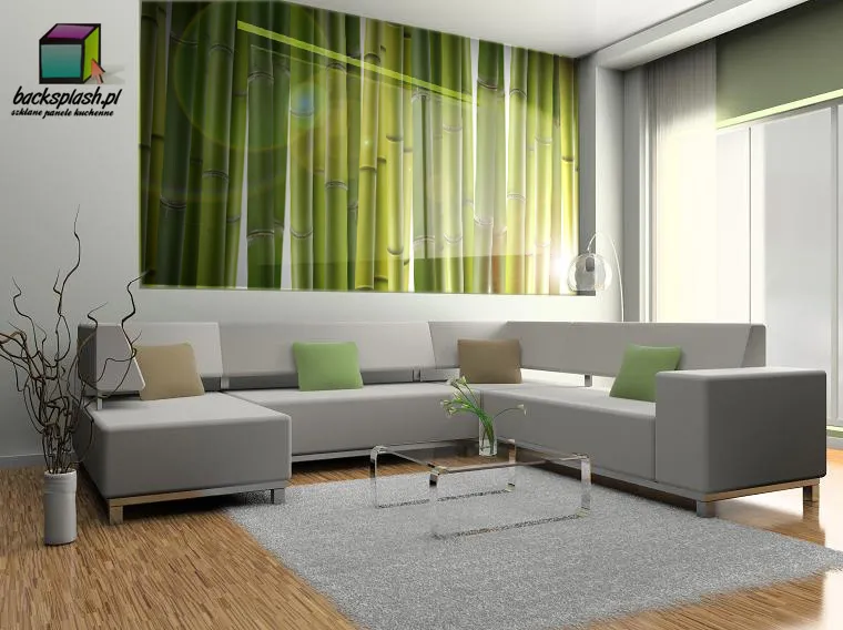 Kolorowy panel szklany z grafiką florystyczną w jasnej kuchni